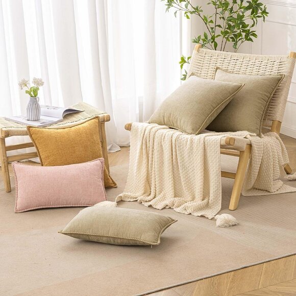 Pack of 2 Cream White Chenille Throw Pillow Covers 20x20 Farmhouse Stitched Edge - Picture 5 of 6